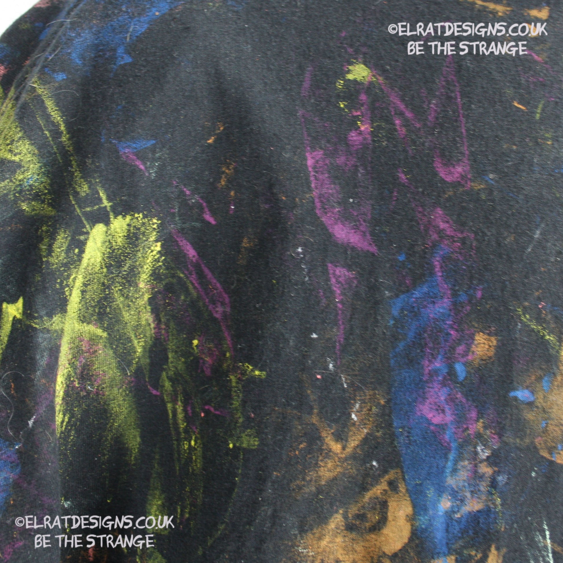 Messy Artist shirt from ElRat Designs - MA Bl 2XL1 - One of a kind eco friendly art shirt. Made using waste ink. Black Shirt with Blue, Yellow and Fluorescent Orange, I think a bit of silver, likely some other colours. Please check the photos This is your shirt - elratdesigns.co.uk
