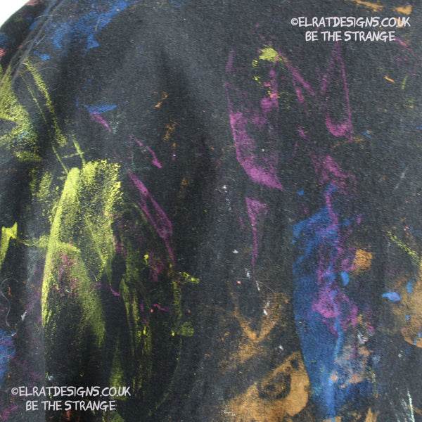 Messy Artist shirt from ElRat Designs - MA Bl 2XL1 - One of a kind eco friendly art shirt. Made using waste ink. Black Shirt with Blue, Yellow and Fluorescent Orange, I think a bit of silver, likely some other colours. Please check the photos This is your shirt - hero - elratdesigns.co.uk