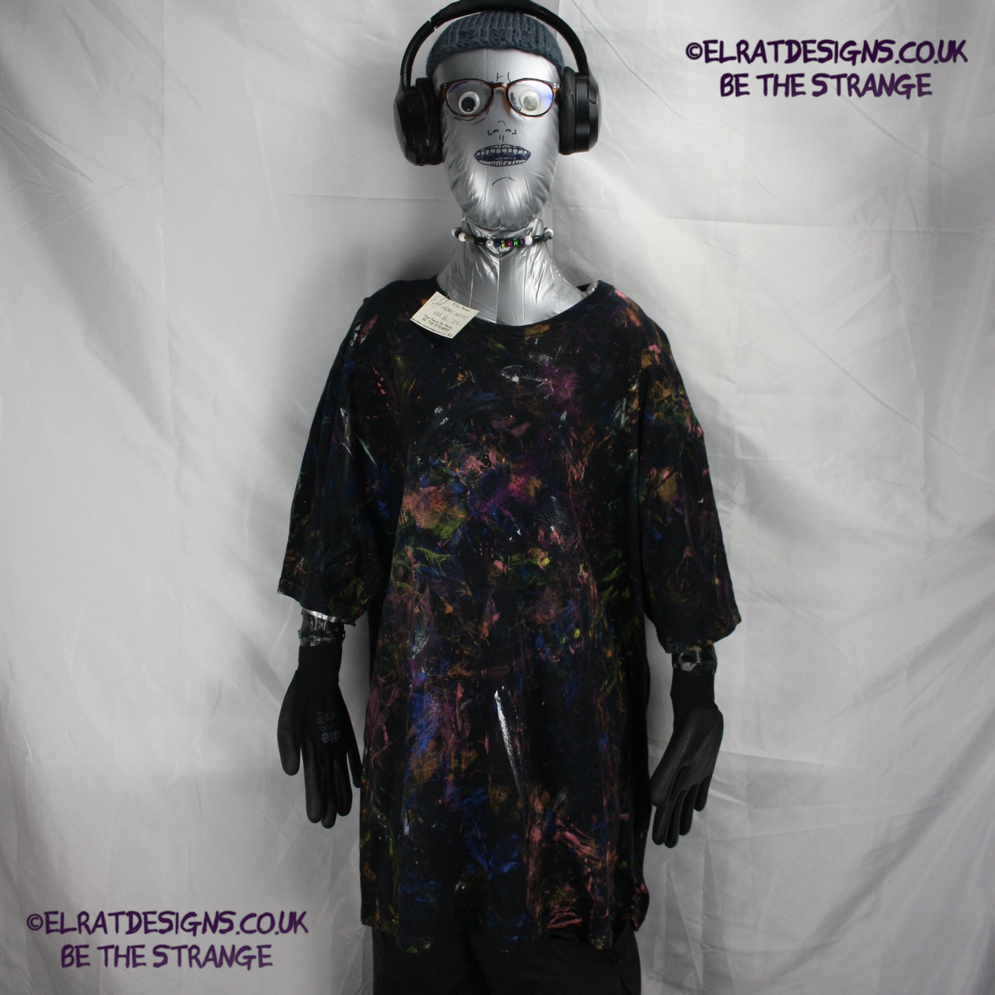 Messy Artist shirt from ElRat Designs - MA Bl 2XL1 - One of a kind eco friendly art shirt. Made using waste ink. Black Shirt with Blue, Yellow and Fluorescent Orange, I think a bit of silver, likely some other colours. Please check the photos This is your shirt - hero - elratdesigns.co.uk