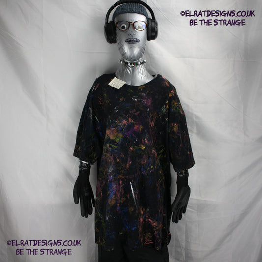 Messy Artist shirt from ElRat Designs - MA Bl 2XL1 - One of a kind eco friendly art shirt. Made using waste ink. Black Shirt with Blue, Yellow and Fluorescent Orange, I think a bit of silver, likely some other colours. Please check the photos This is your shirt - hero - elratdesigns.co.uk