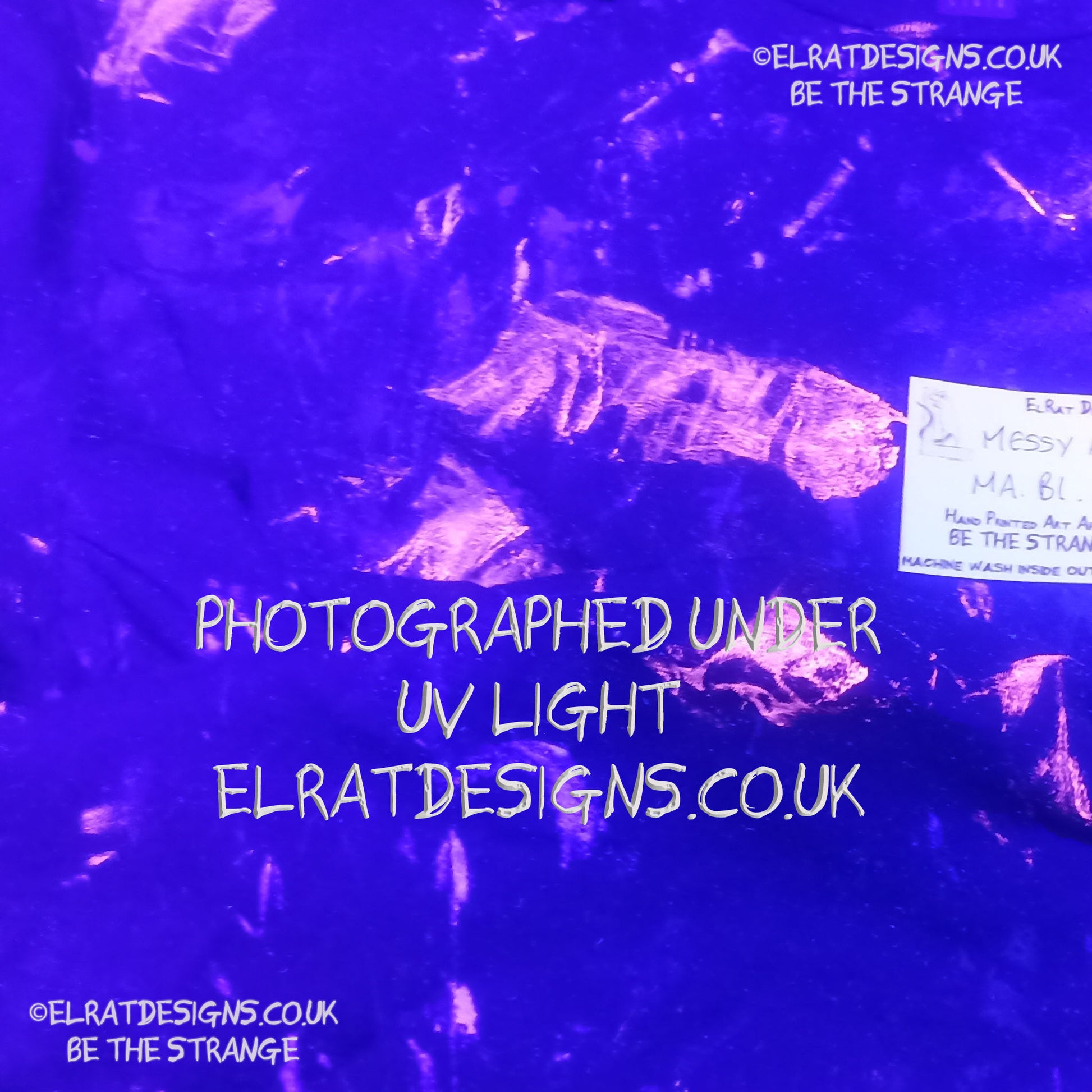 Messy Artist shirt from ElRat Designs - MA Bl L1 - One of a kind eco friendly art shirt. Made using waste ink. Black Shirt with Blue, Yellow and Fluorescent Orange, I think a bit of silver, likely some other colours. Please check the photos This is your shirt - UV Light - elratdesigns.co.uk