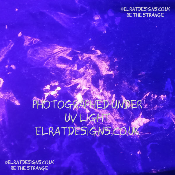 Messy Artist shirt from ElRat Designs - MA Bl L1 - One of a kind eco friendly art shirt. Made using waste ink. Black Shirt with Blue, Yellow and Fluorescent Orange, I think a bit of silver, likely some other colours. Please check the photos This is your shirt - UV Light - hero - elratdesigns.co.uk