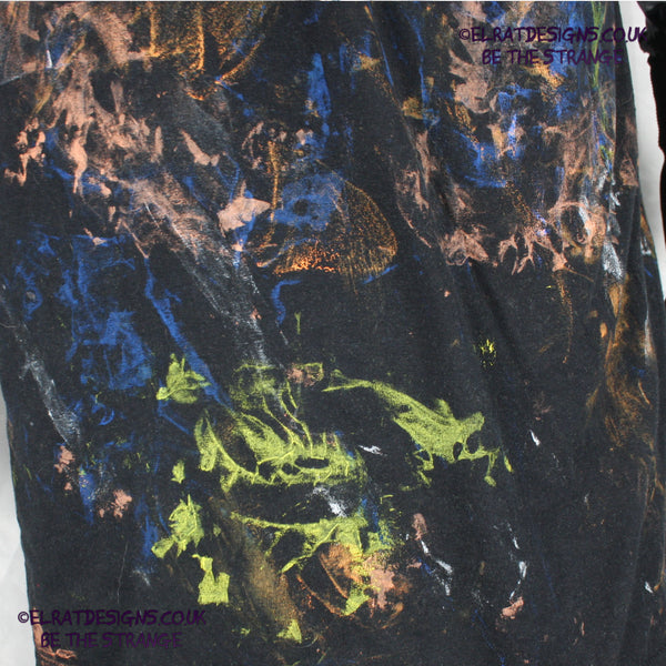 Messy Artist shirt from ElRat Designs - MA Bl L1 - One of a kind eco friendly art shirt. Made using waste ink. Black Shirt with Blue, Yellow and Fluorescent Orange, I think a bit of silver, likely some other colours. Please check the photos This is your shirt -  hero - elratdesigns.co.uk