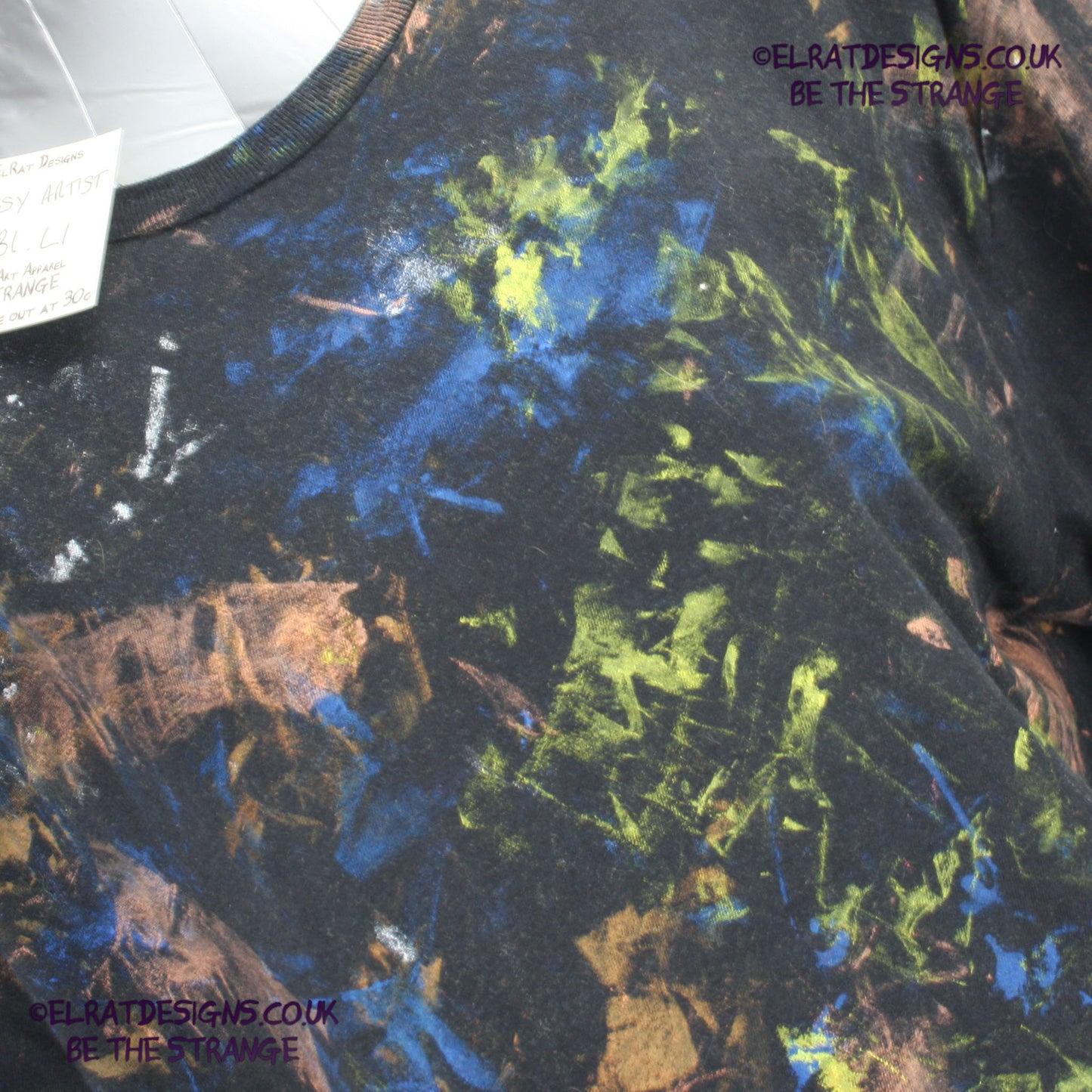 Messy Artist shirt from ElRat Designs - MA Bl L1 - One of a kind eco friendly art shirt. Made using waste ink. Black Shirt with Blue, Yellow and Fluorescent Orange, I think a bit of silver, likely some other colours. Please check the photos This is your shirt -  elratdesigns.co.uk