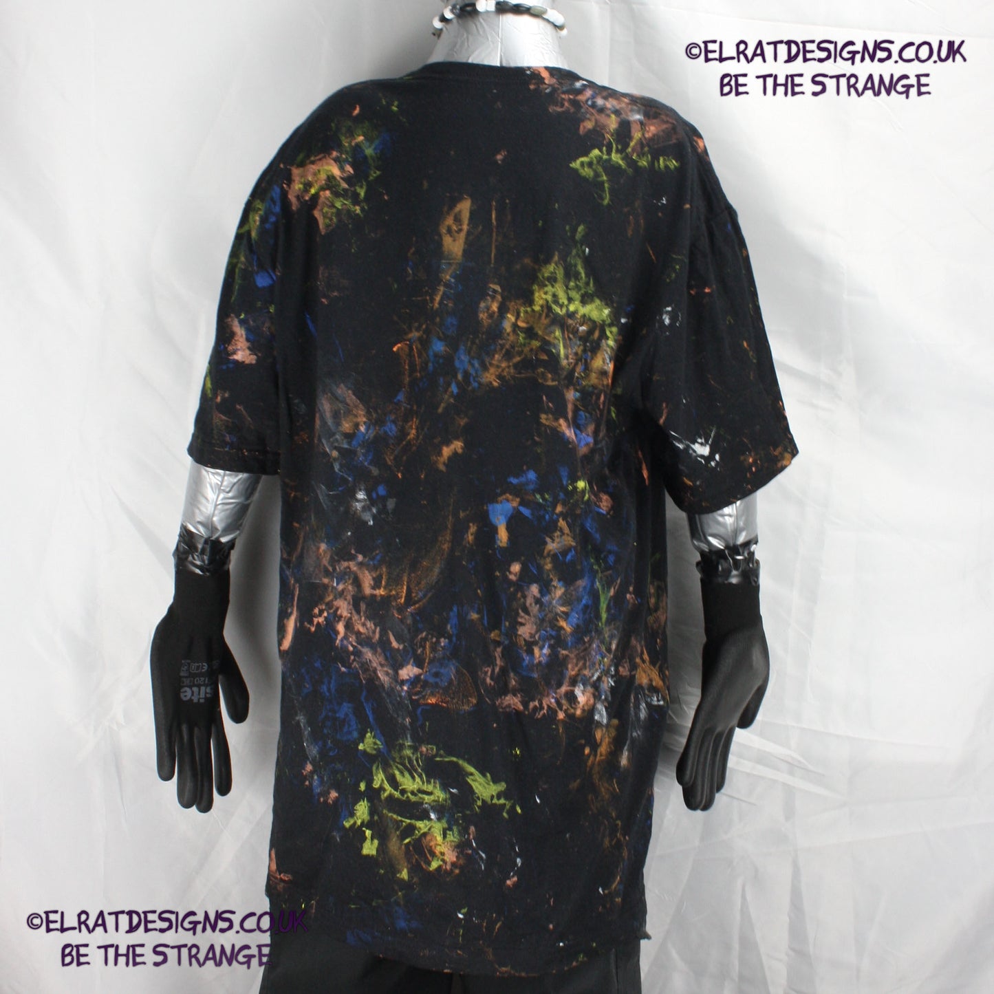 Messy Artist shirt from ElRat Designs - MA Bl L1 - One of a kind eco friendly art shirt. Made using waste ink. Black Shirt with Blue, Yellow and Fluorescent Orange, I think a bit of silver, likely some other colours. Please check the photos This is your shirt -  elratdesigns.co.uk