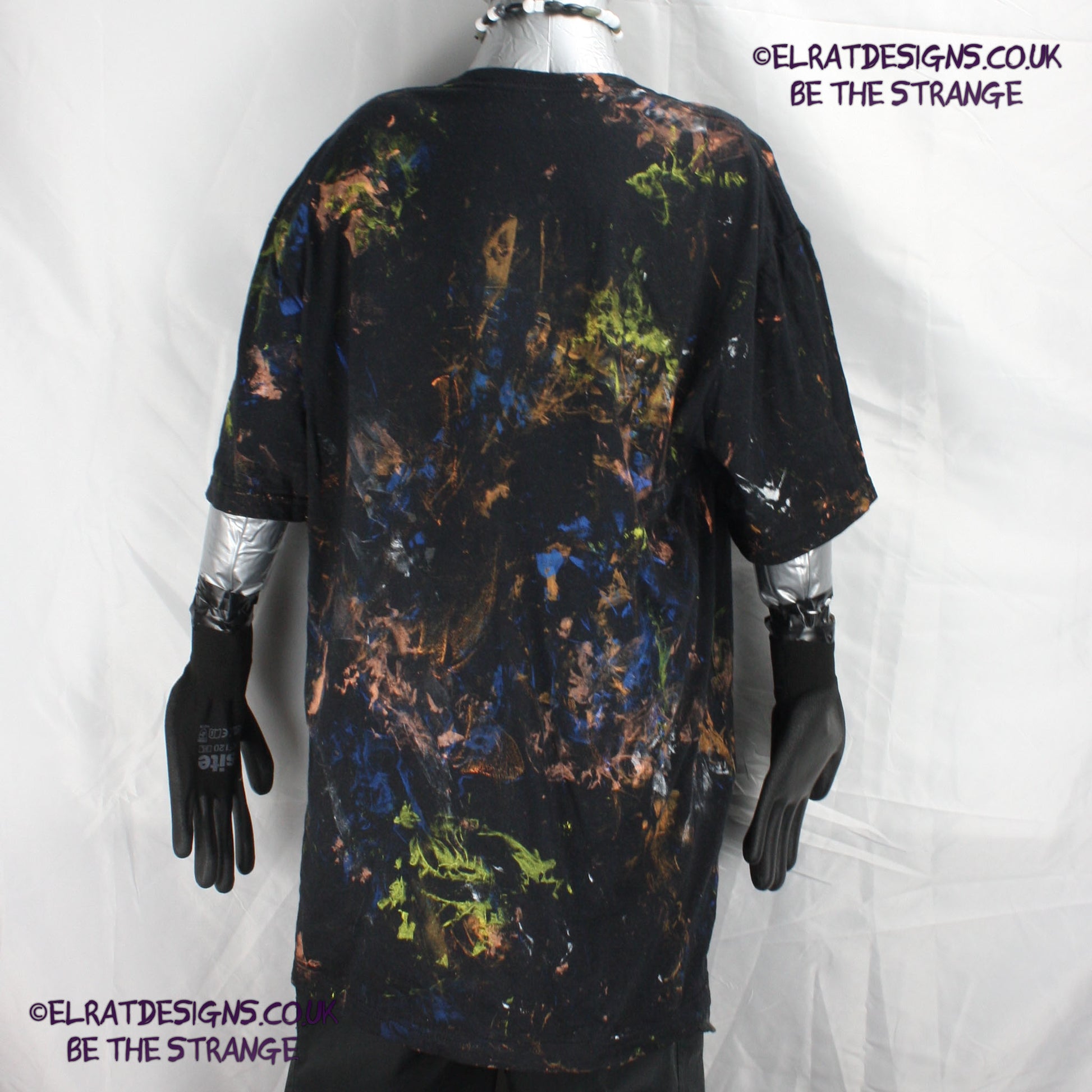 Messy Artist shirt from ElRat Designs - MA Bl L1 - One of a kind eco friendly art shirt. Made using waste ink. Black Shirt with Blue, Yellow and Fluorescent Orange, I think a bit of silver, likely some other colours. Please check the photos This is your shirt -  elratdesigns.co.uk