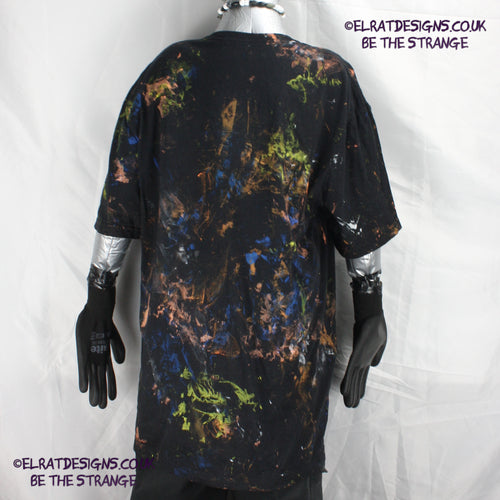 Messy Artist shirt from ElRat Designs - MA Bl L1 - One of a kind eco friendly art shirt. Made using waste ink. Black Shirt with Blue, Yellow and Fluorescent Orange, I think a bit of silver, likely some other colours. Please check the photos This is your shirt -  elratdesigns.co.uk