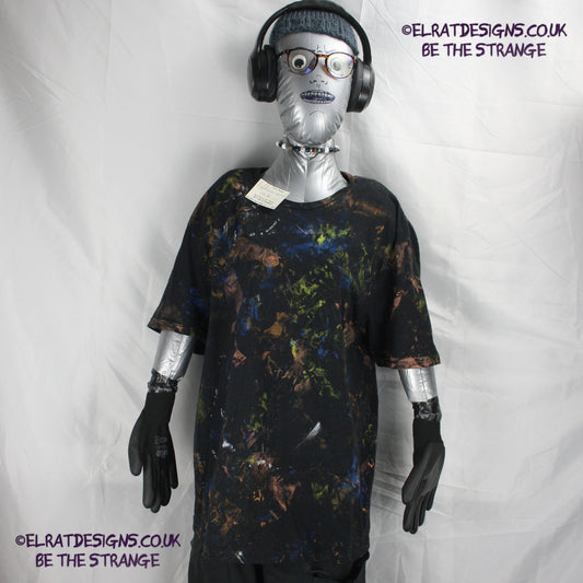 Messy Artist shirt from ElRat Designs - MA Bl L1 - One of a kind eco friendly art shirt. Made using waste ink. Black Shirt with Blue, Yellow and Fluorescent Orange, I think a bit of silver, likely some other colours. Please check the photos This is your shirt - hero - elratdesigns.co.uk