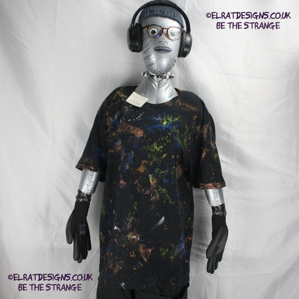 Messy Artist shirt from ElRat Designs - MA Bl L1 - One of a kind eco friendly art shirt. Made using waste ink. Black Shirt with Blue, Yellow and Fluorescent Orange, I think a bit of silver, likely some other colours. Please check the photos This is your shirt - hero - elratdesigns.co.uk