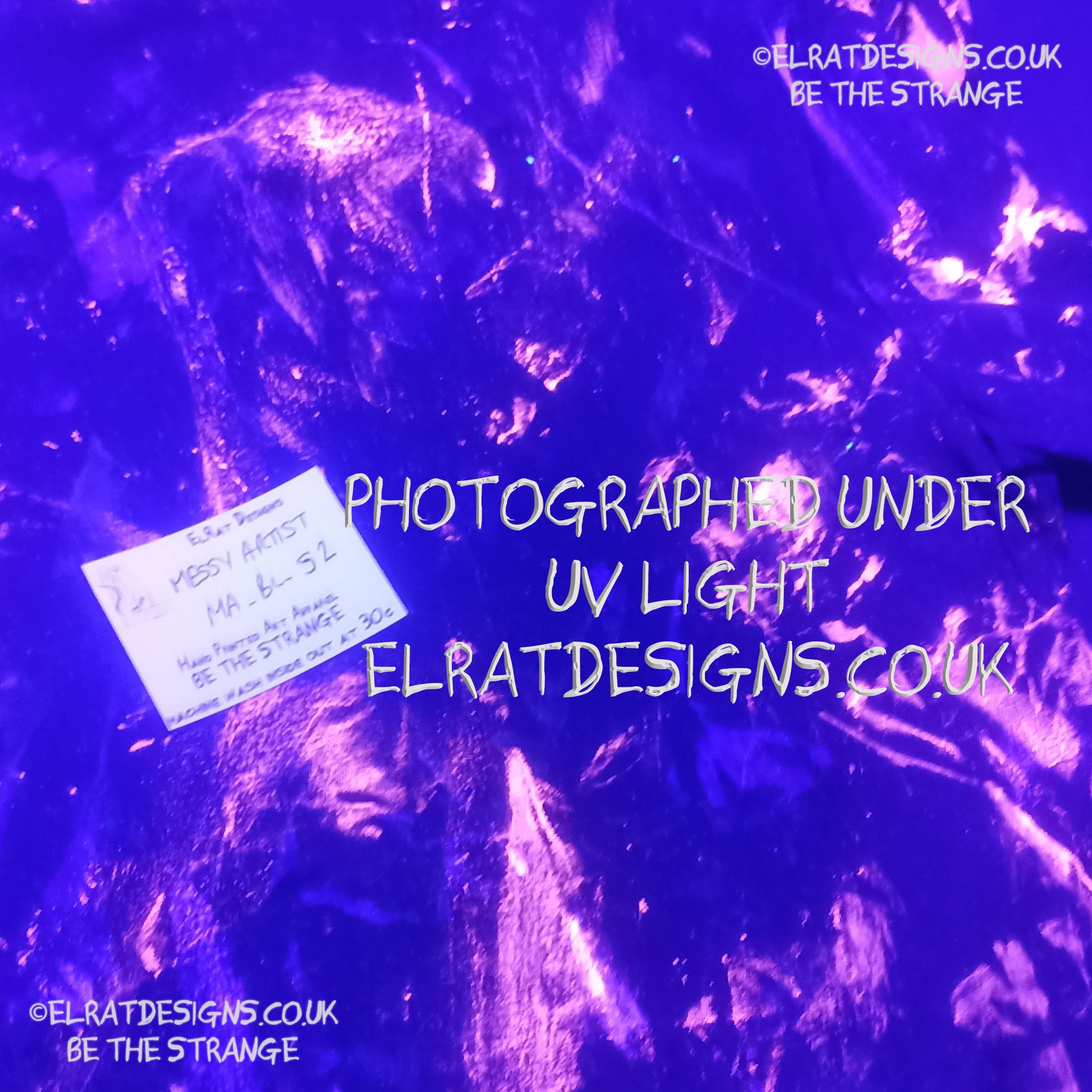 Messy Artist shirt from ElRat Designs - MA Bl S2 - One of a kind eco friendly art shirt. Made using waste ink. Black Shirt with Blue, Yellow and Fluorescent Orange, I think a bit of silver, likely some other colours. Please check the photos This is your shirt - UV Light - elratdesigns.co.uk