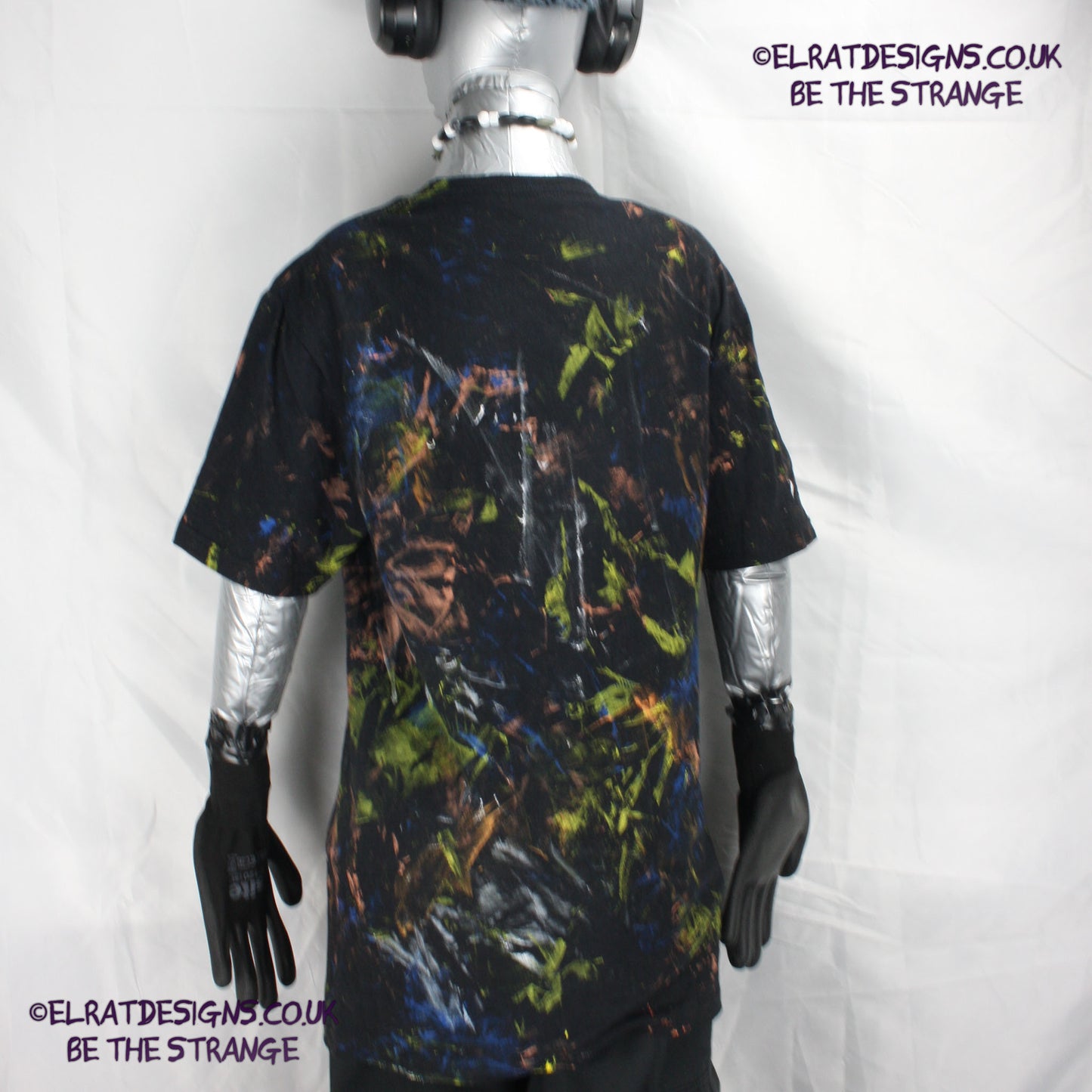 Messy Artist shirt from ElRat Designs - MA Bl S2 - One of a kind eco friendly art shirt. Made using waste ink. Black Shirt with Blue, Yellow and Fluorescent Orange, I think a bit of silver, likely some other colours. Please check the photos This is your shirt - elratdesigns.co.uk