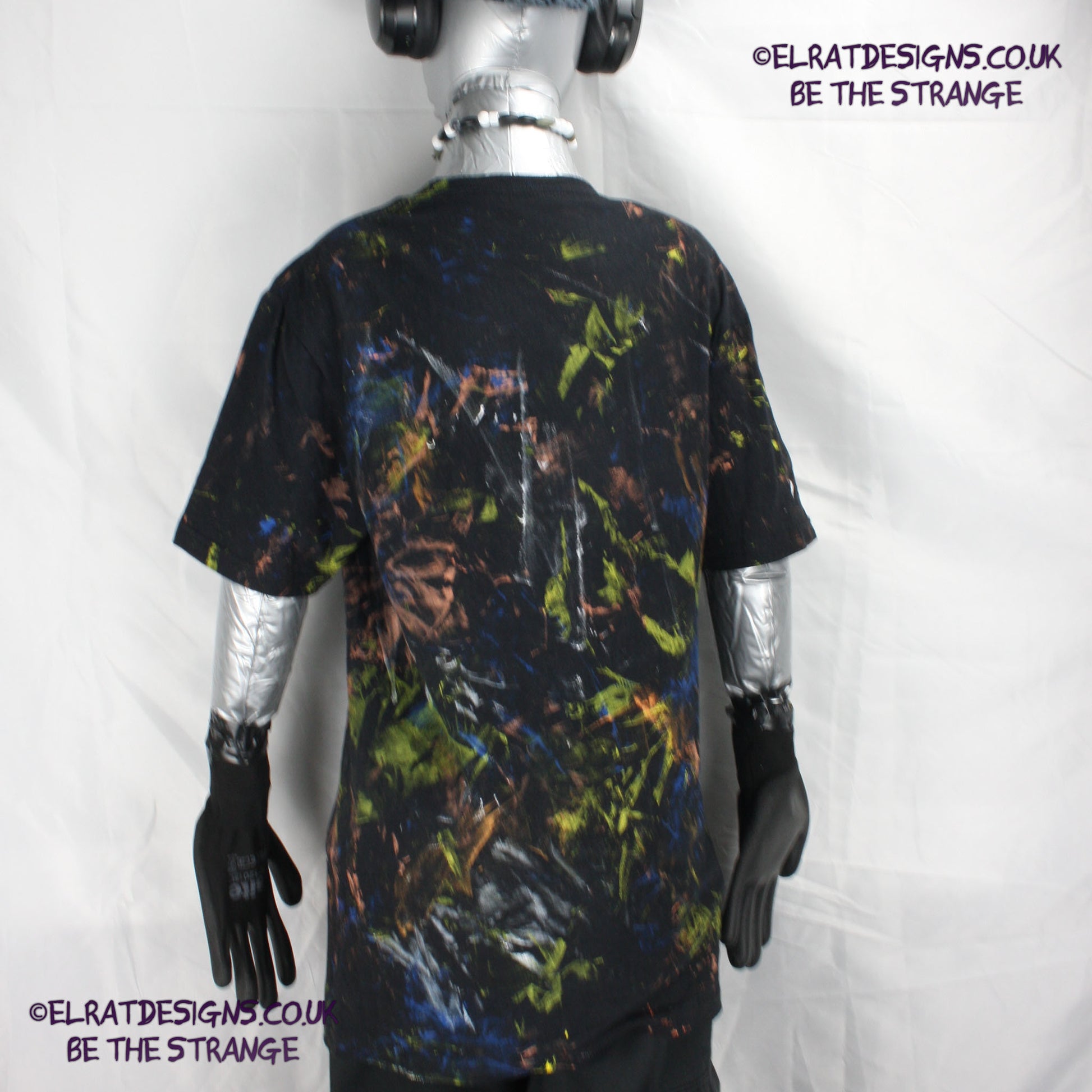 Messy Artist shirt from ElRat Designs - MA Bl S2 - One of a kind eco friendly art shirt. Made using waste ink. Black Shirt with Blue, Yellow and Fluorescent Orange, I think a bit of silver, likely some other colours. Please check the photos This is your shirt - elratdesigns.co.uk