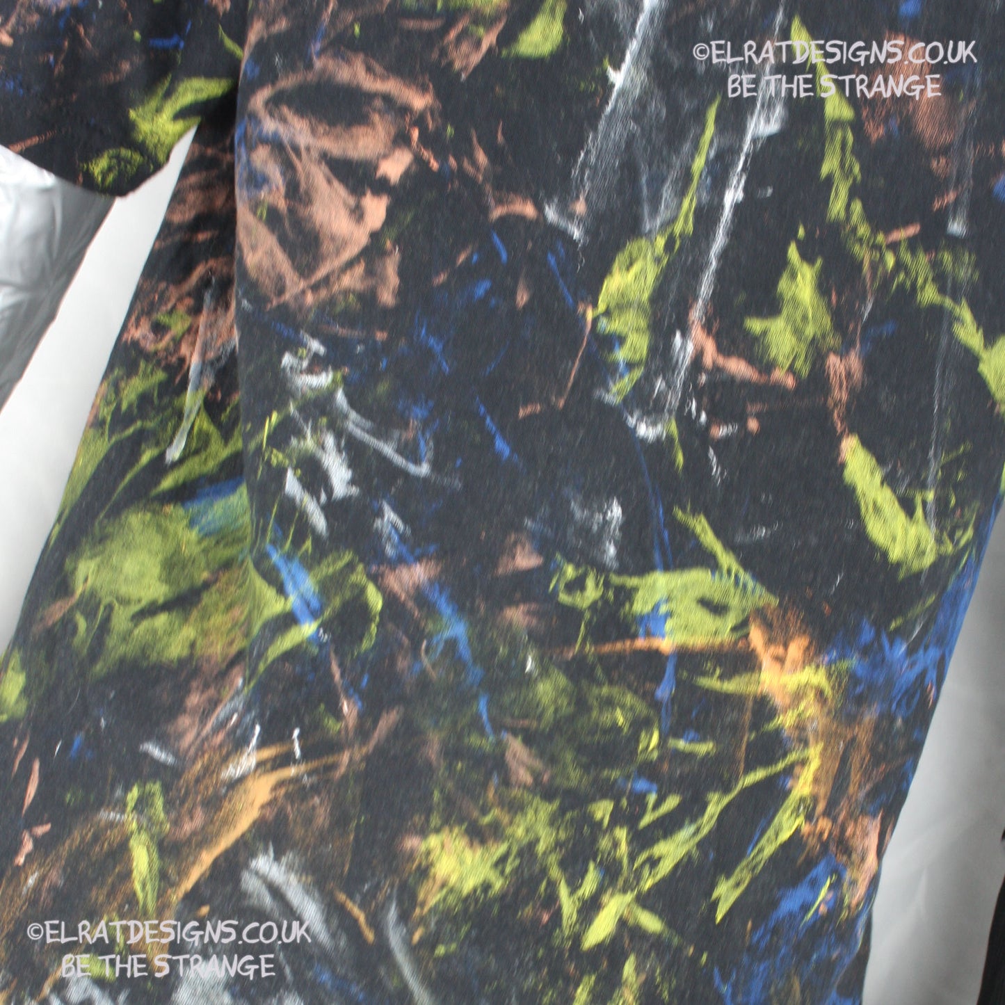 Messy Artist shirt from ElRat Designs - MA Bl S2 - One of a kind eco friendly art shirt. Made using waste ink. Black Shirt with Blue, Yellow and Fluorescent Orange, I think a bit of silver, likely some other colours. Please check the photos This is your shirt - elratdesigns.co.uk