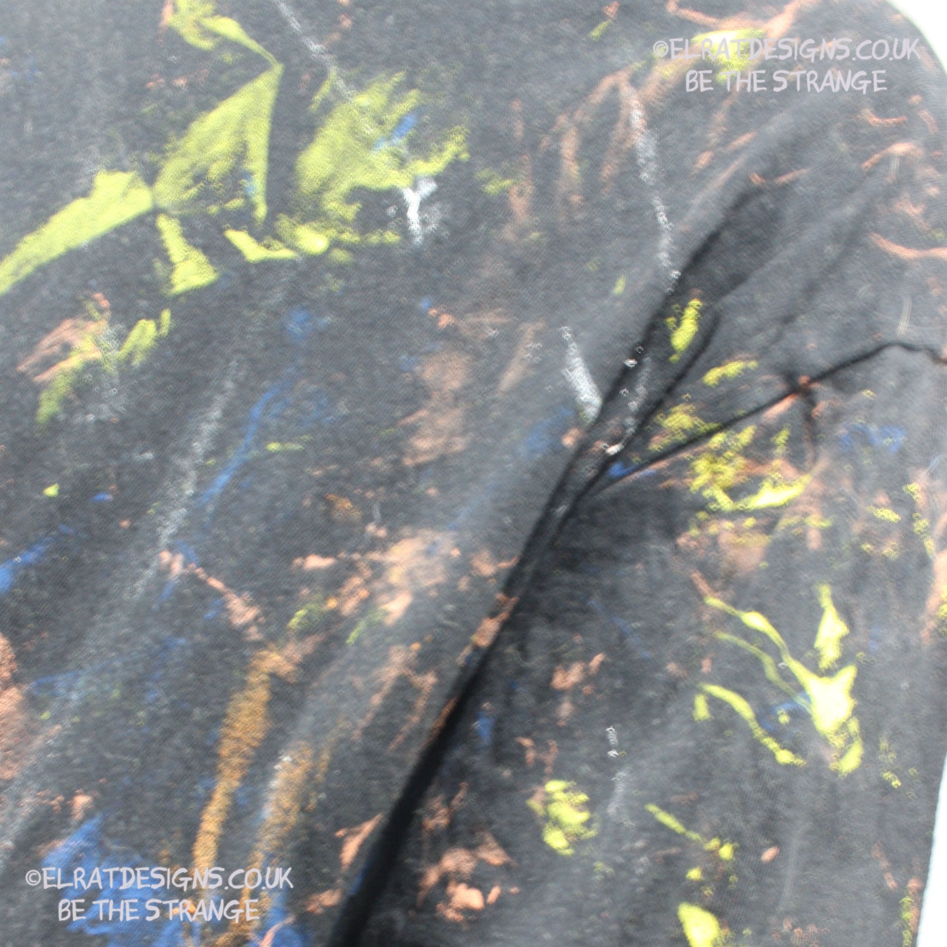Messy Artist shirt from ElRat Designs - MA Bl S2 - One of a kind eco friendly art shirt. Made using waste ink. Black Shirt with Blue, Yellow and Fluorescent Orange, I think a bit of silver, likely some other colours. Please check the photos This is your shirt - elratdesigns.co.uk