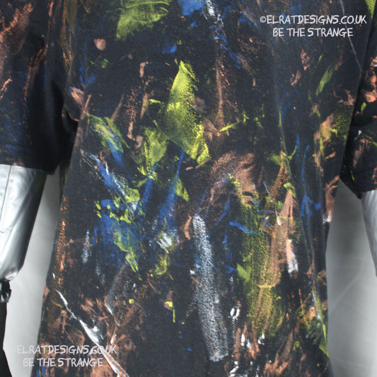 Messy Artist shirt from ElRat Designs - MA Bl S2 - One of a kind eco friendly art shirt. Made using waste ink. Black Shirt with Blue, Yellow and Fluorescent Orange, I think a bit of silver, likely some other colours. Please check the photos This is your shirt - hero - elratdesigns.co.uk