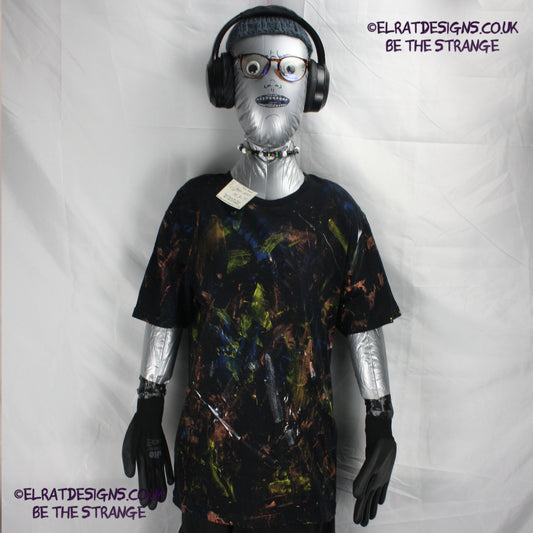 Messy Artist shirt from ElRat Designs - MA Bl S2 - One of a kind eco friendly art shirt. Made using waste ink. Black Shirt with Blue, Yellow and Fluorescent Orange, I think a bit of silver, likely some other colours. Please check the photos This is your shirt - hero - elratdesigns.co.uk