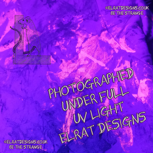 Messy Artist shirt, One of a kind, art shirt,  Caroline Blue shirt, size Large, multicoloured ink all over inc fluorescent ink. MA-CB-L1 photo under UV Light| ElRat Designs - hero