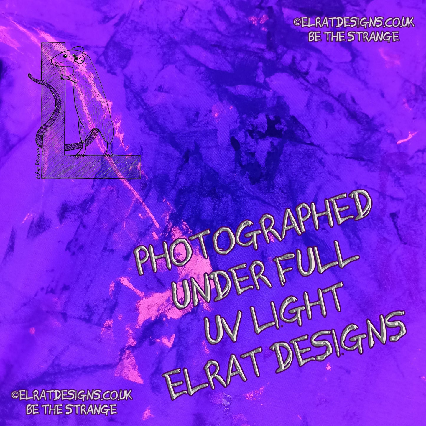 Messy Artist shirt, One of a kind, art shirt,  Caroline Blue shirt, size Large, multicoloured ink all over inc fluorescent ink. MA-CB-L1 photo under UV Light| ElRat Designs - hero