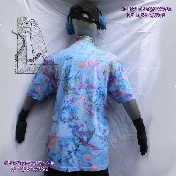 Messy Artist shirt, One of a kind, art shirt,  Caroline Blue shirt, size Large, multicoloured ink all over inc fluorescent ink. MA-CB-L1 | ElRat Designs - hero