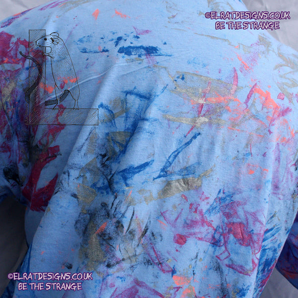 Messy Artist shirt, One of a kind, art shirt,  Caroline Blue shirt, size Large, multicoloured ink all over inc fluorescent ink. MA-CB-L1 | ElRat Designs - hero