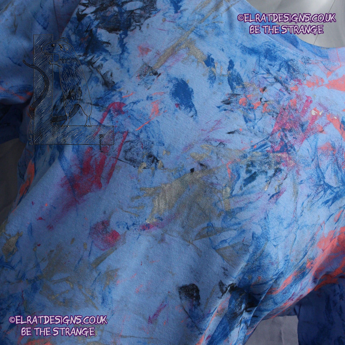 Messy Artist shirt, One of a kind, art shirt,  Caroline Blue shirt, size Large, multicoloured ink all over inc fluorescent ink. MA-CB-L1 | ElRat Designs - hero