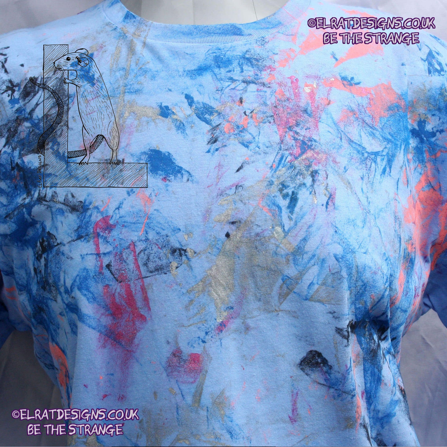 Messy Artist shirt, One of a kind, art shirt,  Caroline Blue shirt, size Large, multicoloured ink all over inc fluorescent ink. MA-CB-L1 | ElRat Designs - gallery-skip