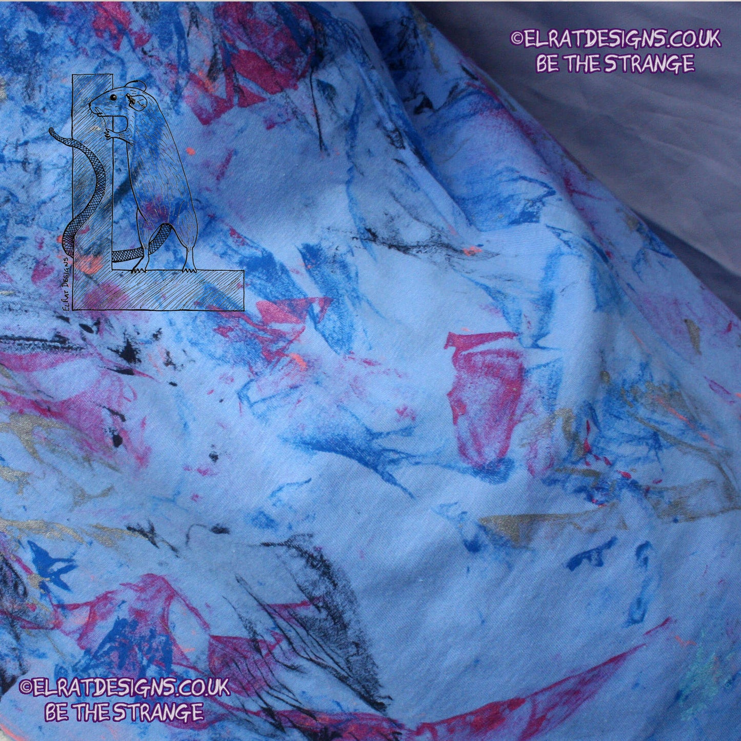 Messy Artist shirt, One of a kind, art shirt,  Caroline Blue shirt, size Large, multicoloured ink all over inc fluorescent ink. MA-CB-L1 | ElRat Designs - hero