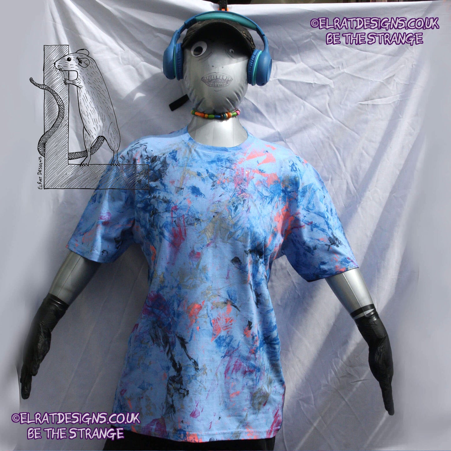 Messy Artist shirt, One of a kind, art shirt,  Caroline Blue shirt, size Large, multicoloured ink all over inc fluorescent ink. MA-CB-L1 | ElRat Designs - hero