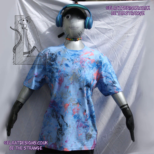 Messy Artist shirt, One of a kind, art shirt,  Caroline Blue shirt, size Large, multicoloured ink all over inc fluorescent ink. MA-CB-L1 | ElRat Designs - hero