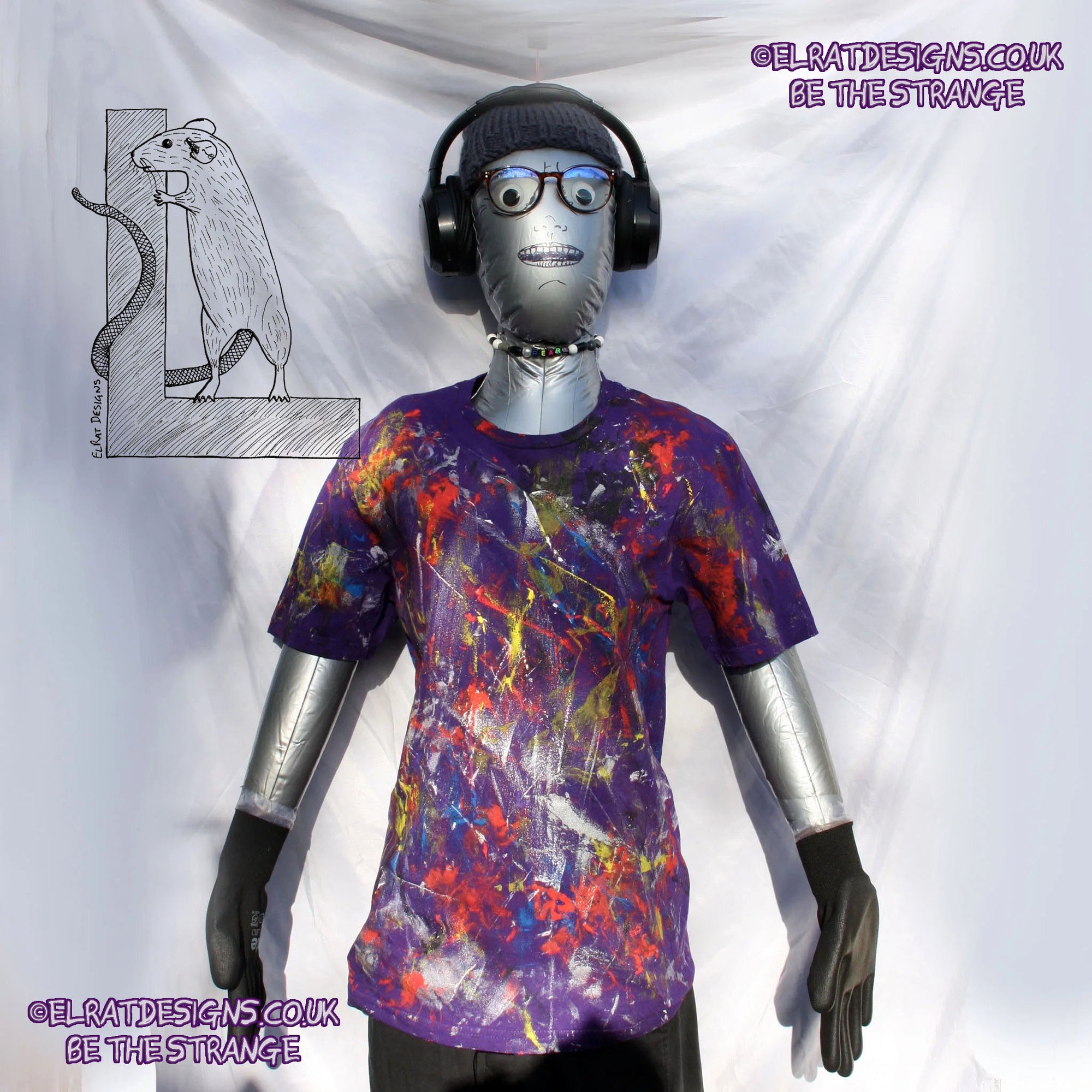 Messy Artist shirt, One of a kind, art shirt,  Purple shirt, size Small, multicoloured ink all over. MA-Pu-S1 | ElRat Designs - hero