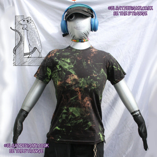 Messy Artist shirt, One of a kind, art shirt,  Black shirt, size Small, multi coloured UV reactive fluorescent ink. MA-BL-X1 | ElRat Designs - hero