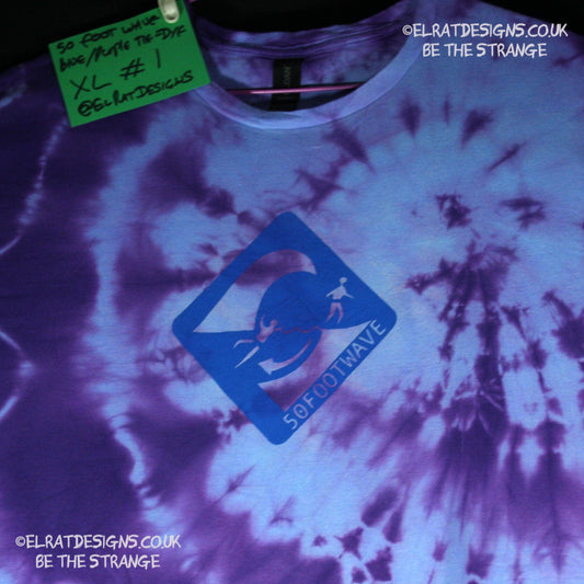 Misprint, 50 foot wave logo T-Shirt - ONE OFF Blue/Purple Tie-Dy cotton T-Shirt- XLarge #1 - ElRat Designs - elratdesigns.co.uk