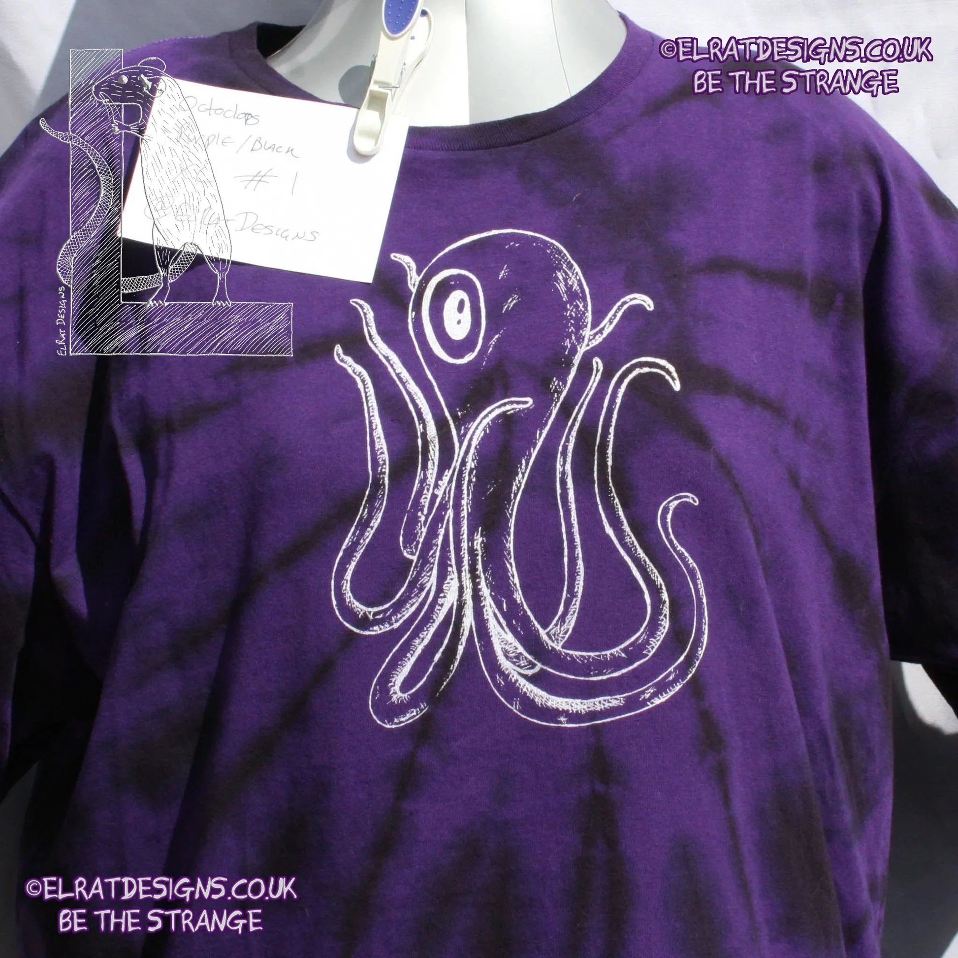 Misprint Octoclops Hand-Drawn Cephalopod Tee - Purple/Black Tie-Dye cotton T-Shirt Xtra Large #1 | ElRat Designs - elratdesigns.co.uk