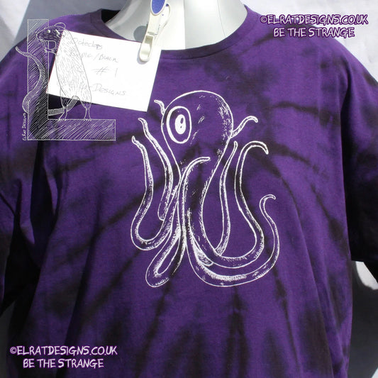 Misprint Octoclops Hand-Drawn Cephalopod Tee - Purple/Black Tie-Dye cotton T-Shirt Xtra Large #1 | ElRat Designs - elratdesigns.co.uk