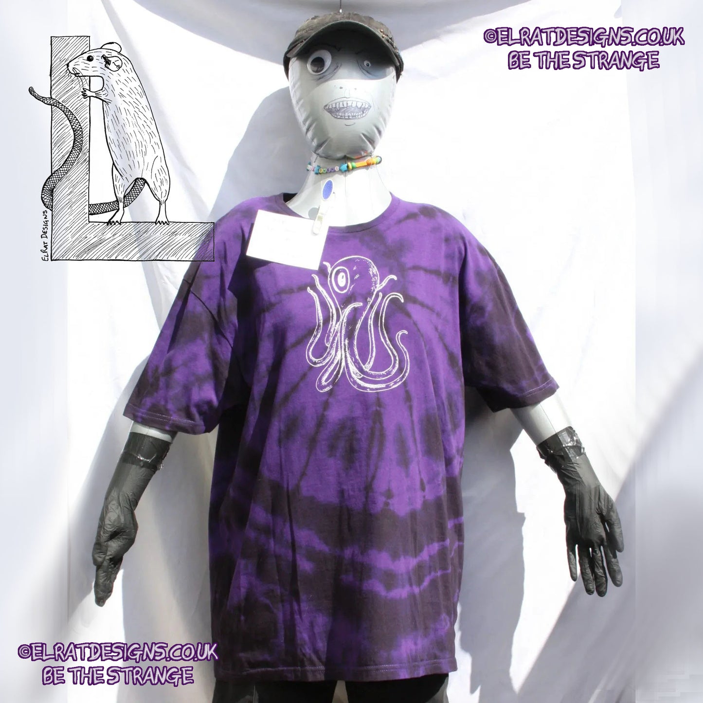 Misprint Octoclops Hand-Drawn Cephalopod Tee - Purple/Black Tie-Dye cotton T-Shirt Xtra Large #1 | ElRat Designs - elratdesigns.co.uk