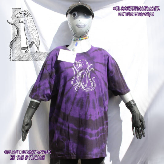 Misprint Octoclops Hand-Drawn Cephalopod Tee - Purple/Black Tie-Dye cotton T-Shirt Xtra Large #1 | ElRat Designs - elratdesigns.co.uk