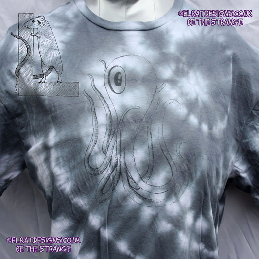 Misprint Octoclops Hand-Drawn Cephalopod Tee - White/Black Tie-Dye cotton T-Shirt Large #1 | ElRat Designs - elratdesigns.co.uk