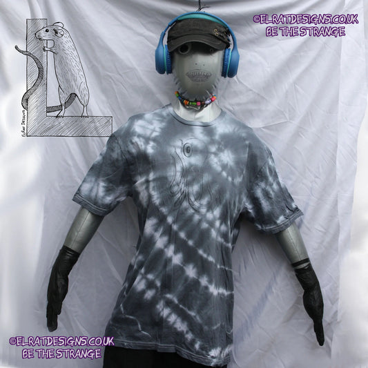 Misprint Octoclops Hand-Drawn Cephalopod Tee - White/Black Tie-Dye cotton T-Shirt Large #1 | ElRat Designs - elratdesigns.co.uk