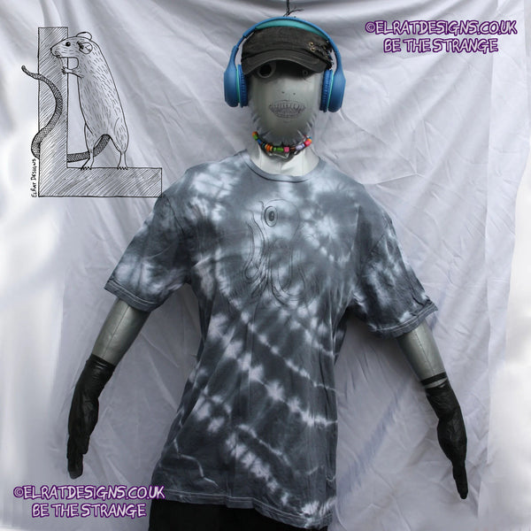 Misprint Octoclops Hand-Drawn Cephalopod Tee - White/Black Tie-Dye cotton T-Shirt Large #1 | ElRat Designs - elratdesigns.co.uk