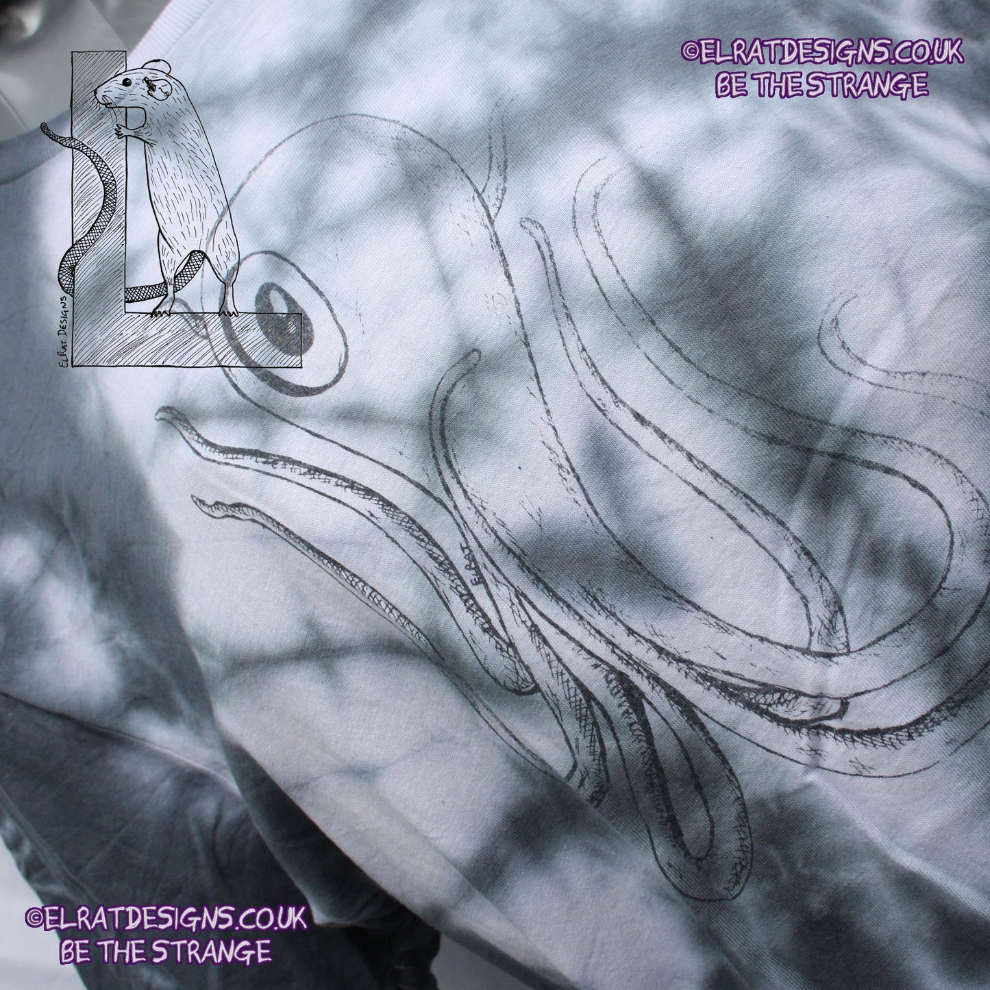 Misprint Octoclops Hand-Drawn Cephalopod Tee - White/Black Tie-Dye cotton T-Shirt Medium #1 | ElRat Designs - elratdesigns.co.uk