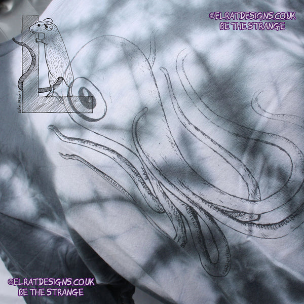 Misprint Octoclops Hand-Drawn Cephalopod Tee - White/Black Tie-Dye cotton T-Shirt Medium #1 | ElRat Designs - elratdesigns.co.uk