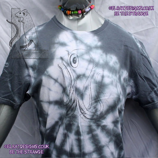 Misprint Octoclops Hand-Drawn Cephalopod Tee - White/Black Tie-Dye cotton T-Shirt Medium #1 | ElRat Designs - elratdesigns.co.uk