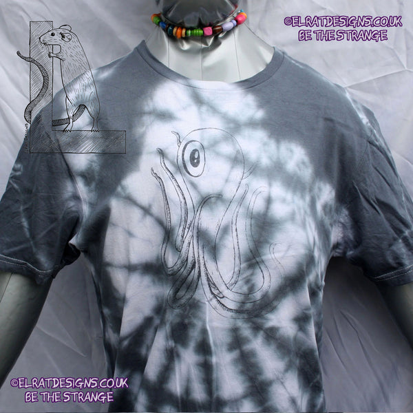 Misprint Octoclops Hand-Drawn Cephalopod Tee - White/Black Tie-Dye cotton T-Shirt Medium #1 | ElRat Designs - elratdesigns.co.uk