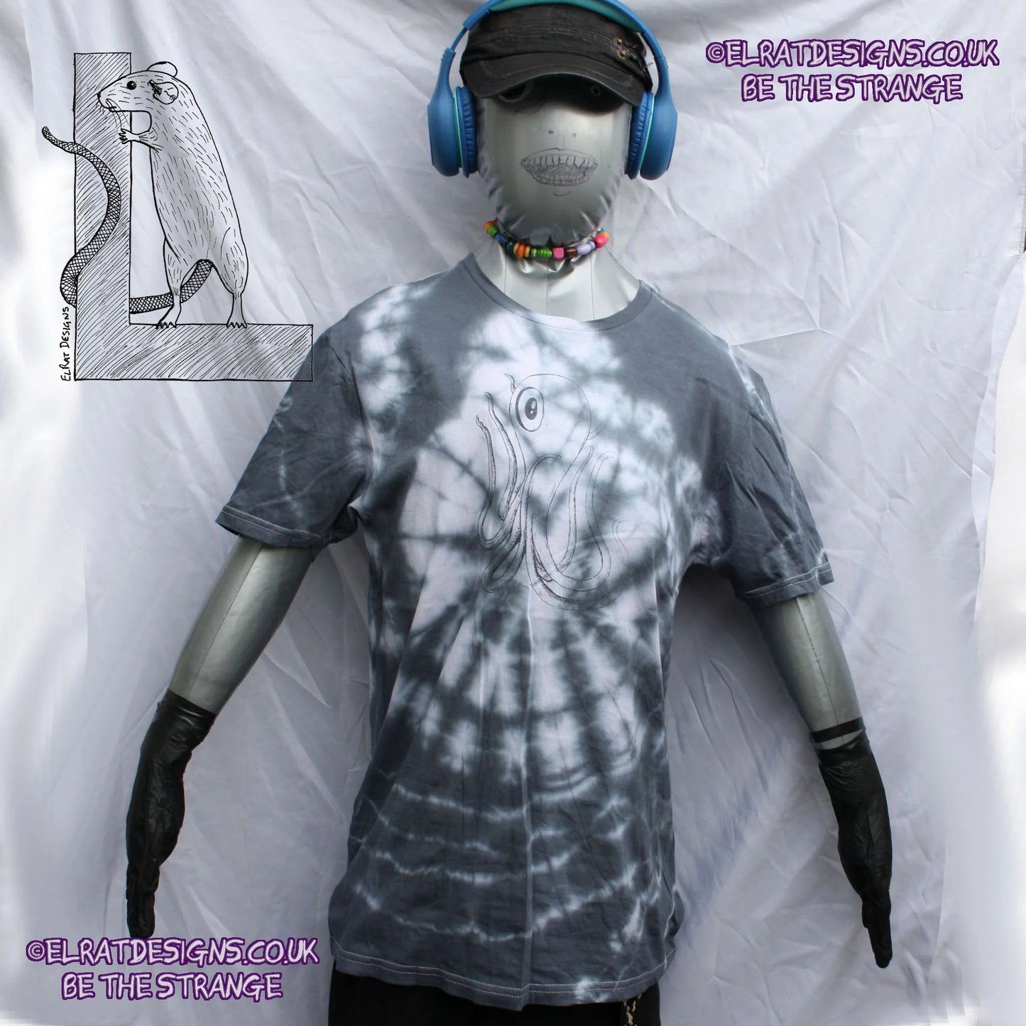 Misprint Octoclops Hand-Drawn Cephalopod Tee - White/Black Tie-Dye cotton T-Shirt Medium #1 | ElRat Designs - elratdesigns.co.uk