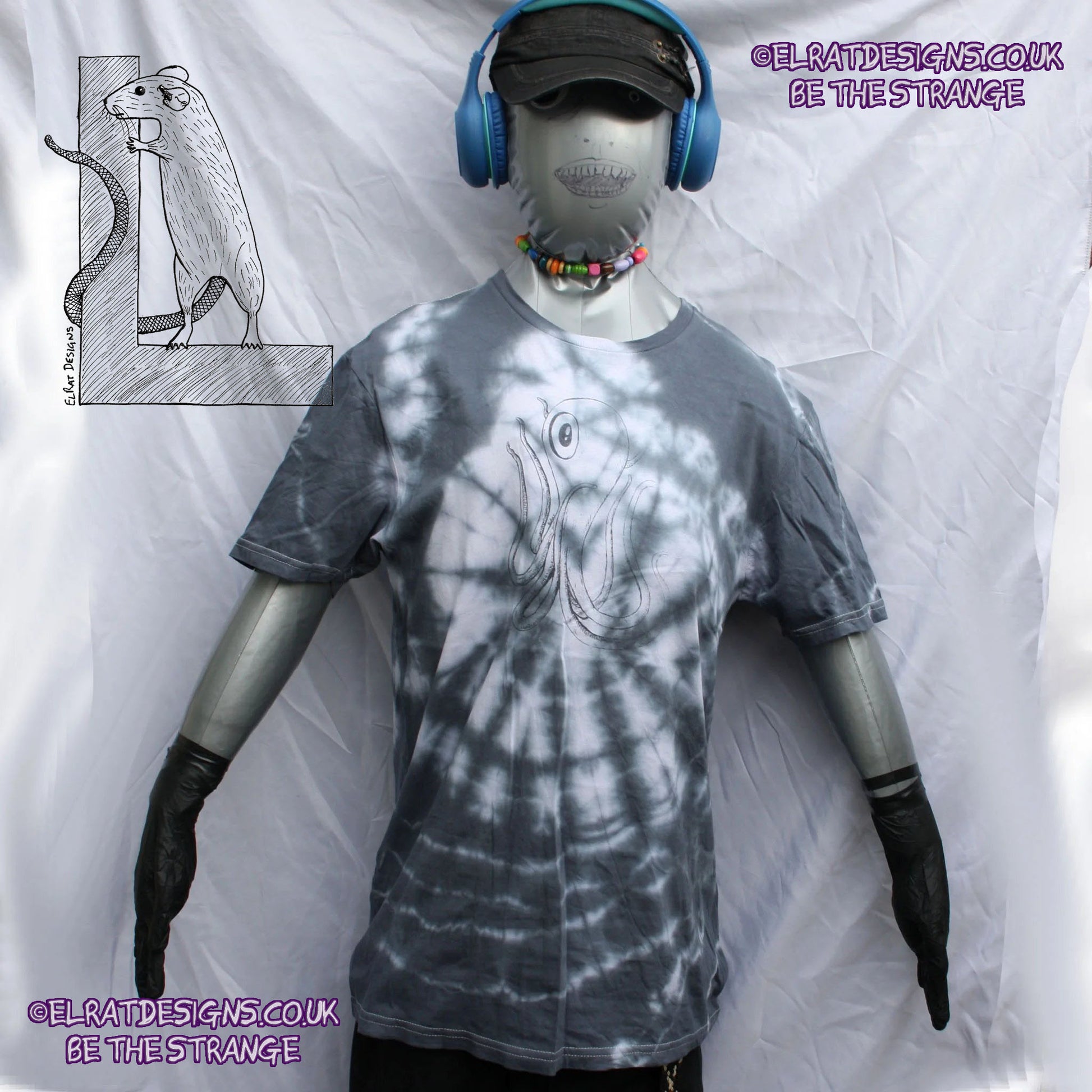Misprint Octoclops Hand-Drawn Cephalopod Tee - White/Black Tie-Dye cotton T-Shirt Medium #1 | ElRat Designs - elratdesigns.co.uk