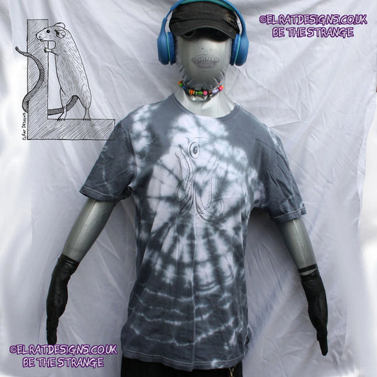 Misprint Octoclops Hand-Drawn Cephalopod Tee - White/Black Tie-Dye cotton T-Shirt Medium #1 | ElRat Designs - elratdesigns.co.uk