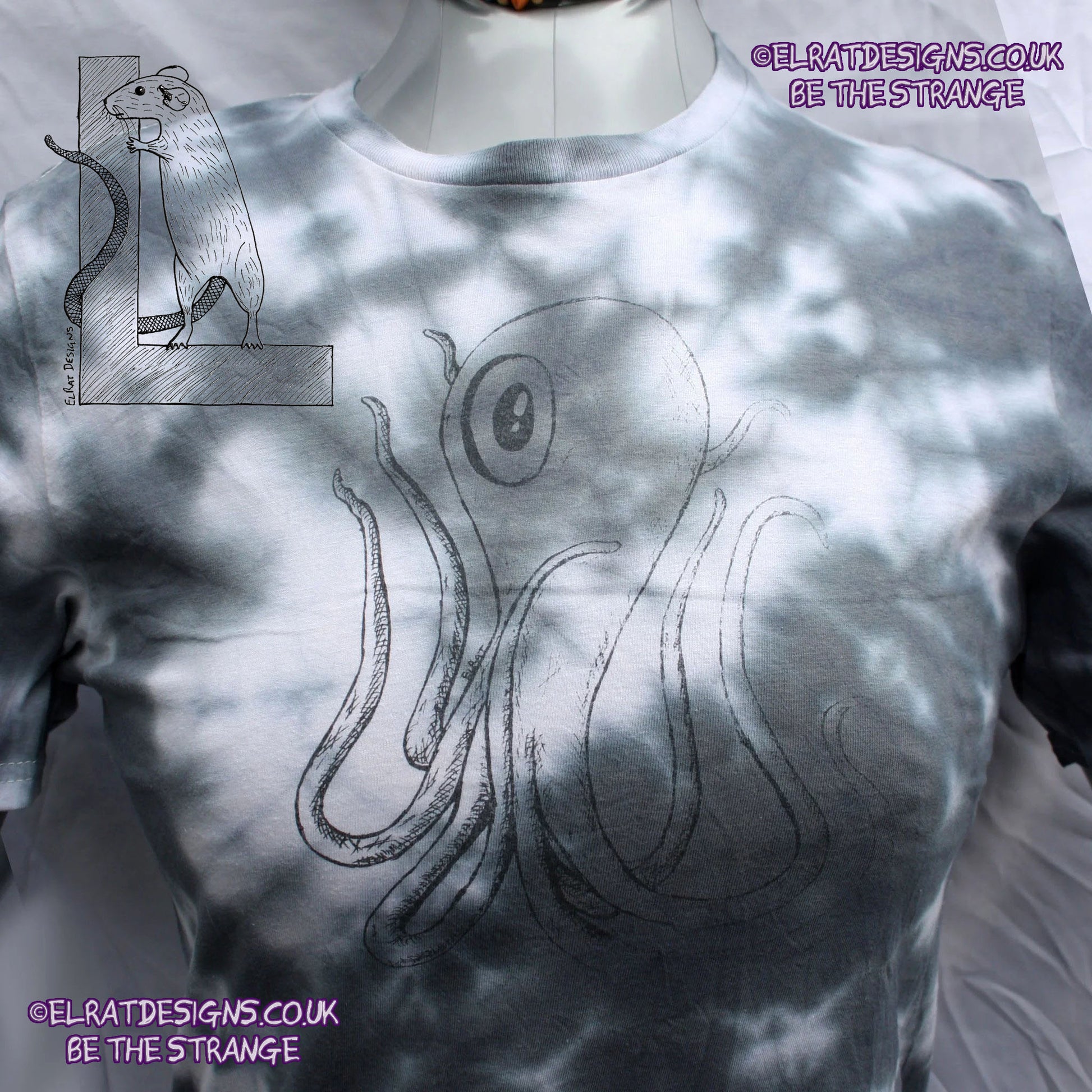 Misprint Octoclops Hand-Drawn Cephalopod Tee - White/Black Tie-Dye cotton T-Shirt Small #1 | ElRat Designs - elratdesigns.co.uk