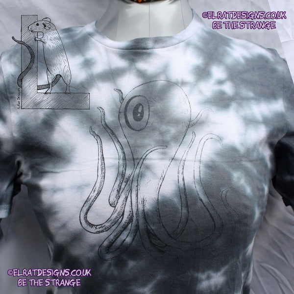 Misprint Octoclops Hand-Drawn Cephalopod Tee - White/Black Tie-Dye cotton T-Shirt Small #1 | ElRat Designs - elratdesigns.co.uk