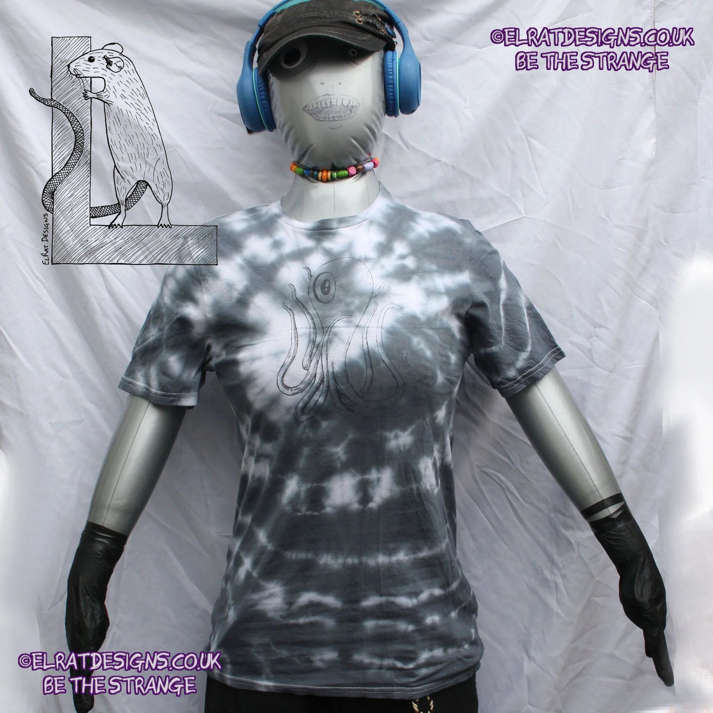 Misprint Octoclops Hand-Drawn Cephalopod Tee - White/Black Tie-Dye cotton T-Shirt Small #1 | ElRat Designs - elratdesigns.co.uk