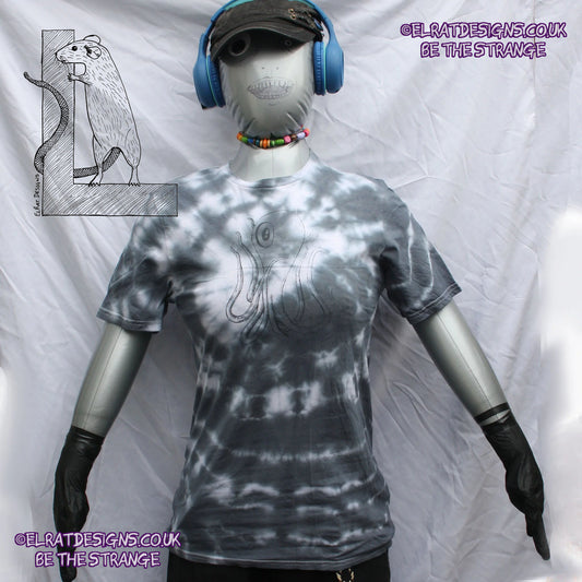 Misprint Octoclops Hand-Drawn Cephalopod Tee - White/Black Tie-Dye cotton T-Shirt Small #1 | ElRat Designs - elratdesigns.co.uk